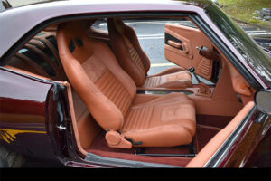 Chevy 1969 Villain restoration interior in tan leather LS3 build for SEMA 2019