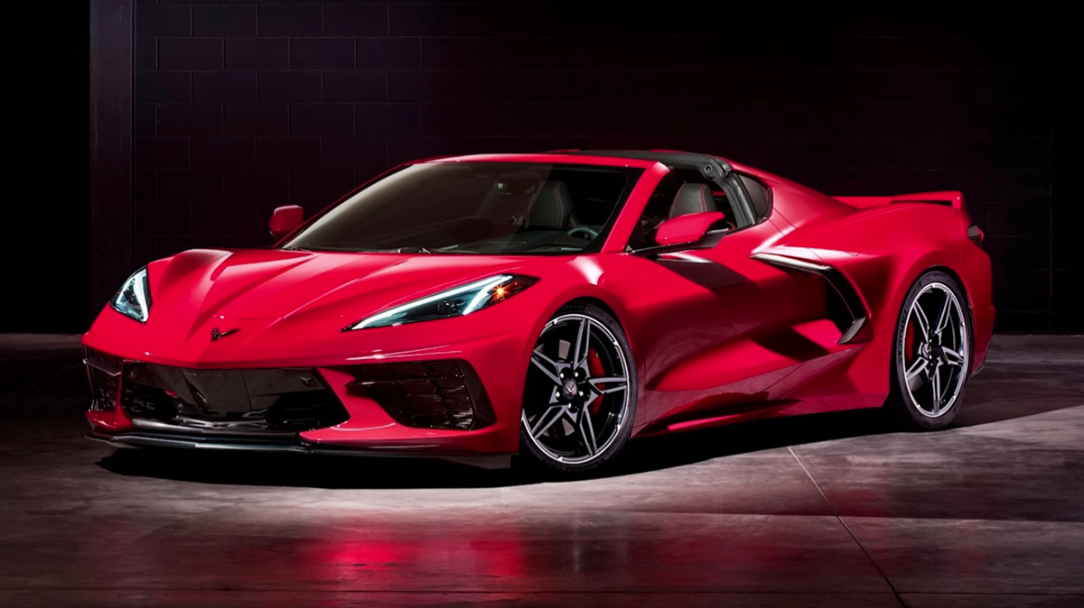 A bright-red Chevrolet Corvette E-Ray shows off its front-end styling.